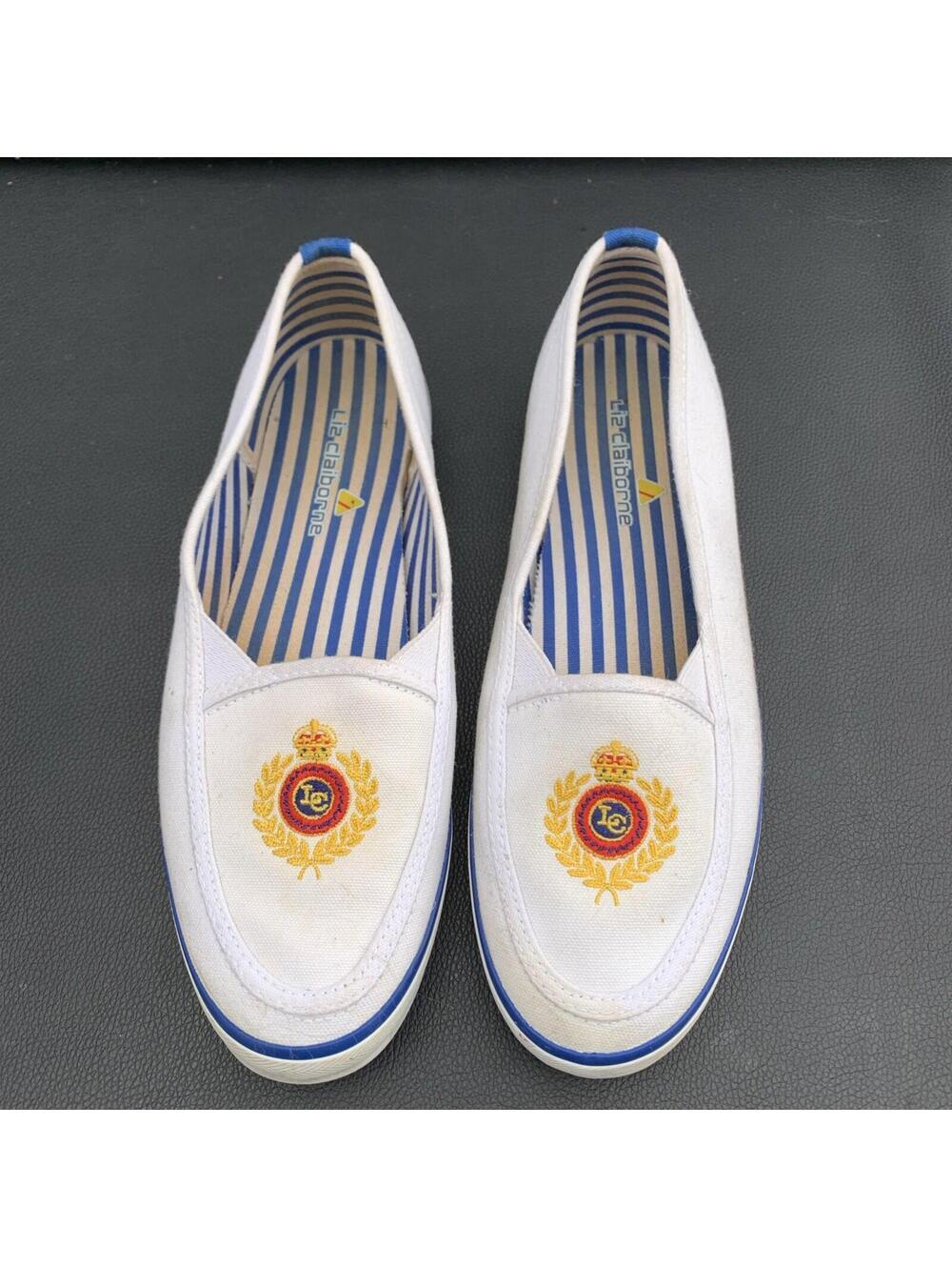 Liz Claiborne Flats Loafers White W Crest Sz 7.5 Womens Fit 7 -7.5
